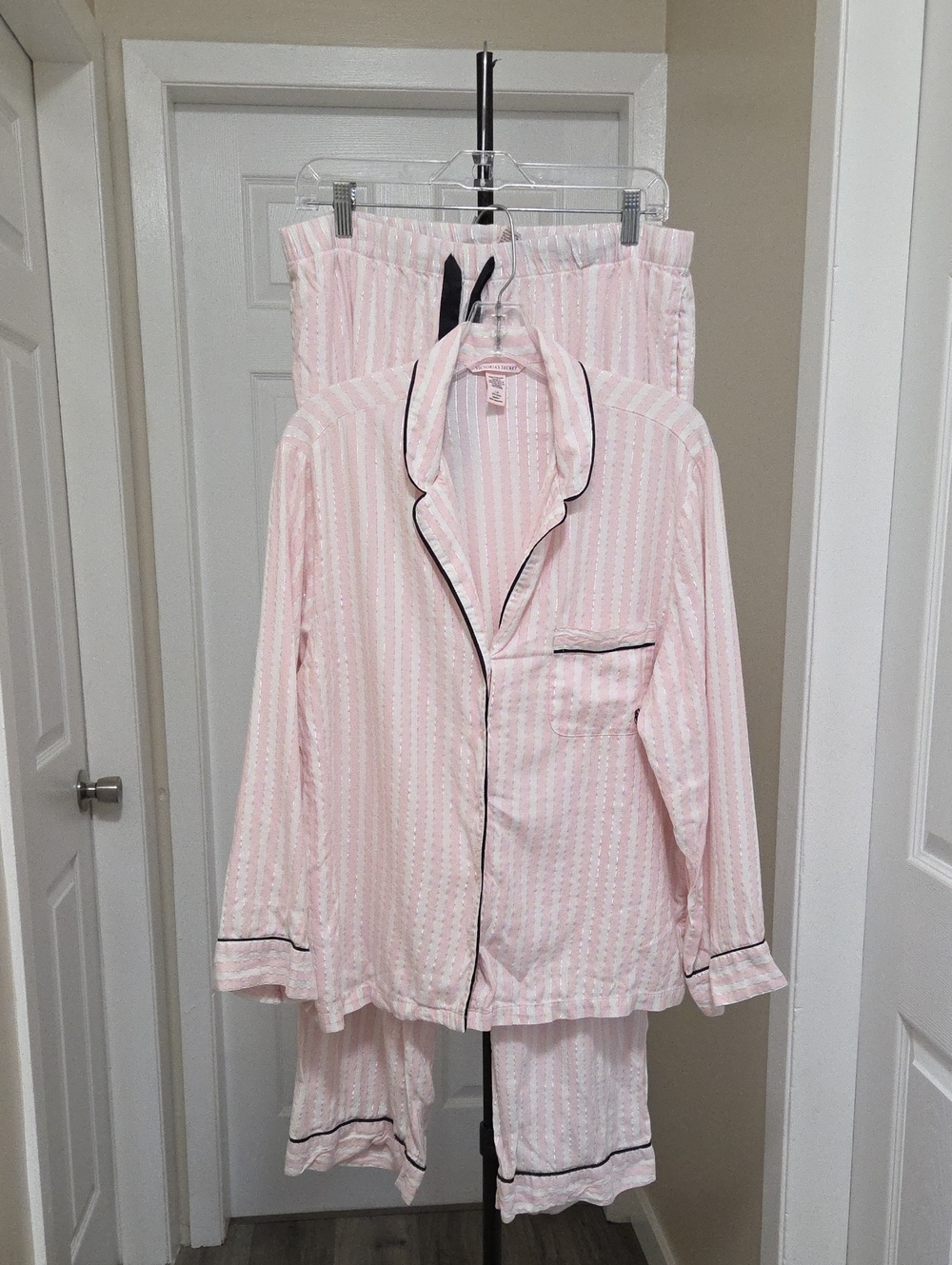 Victoria's Secret Pink Striped Pajama Set with Black Piping